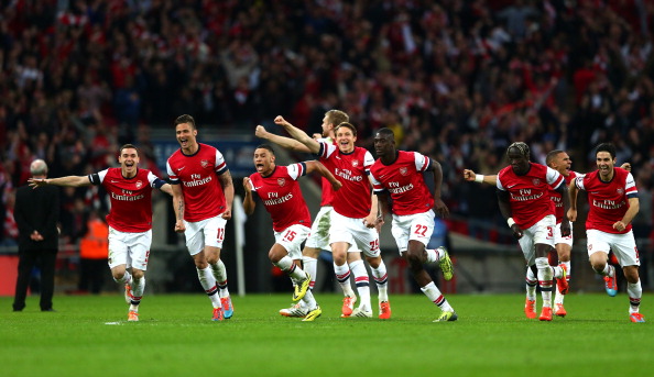 Arsenal celebrate winning the FA Cup semi-final.