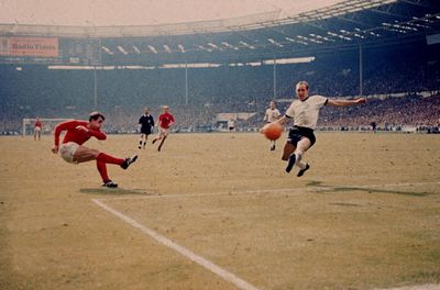 Geoff Hurst scores the second of his three goals in the 1966 World Cup Final.