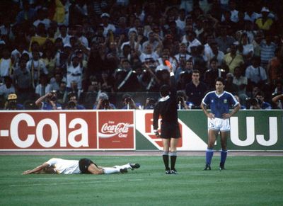 Pedro Monzon receives a red card in the 1990 final.